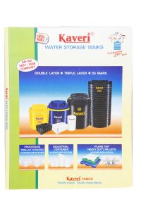 A branded document folder custom-printed with product images and promotional details for Kaveri water storage tanks on a light background.