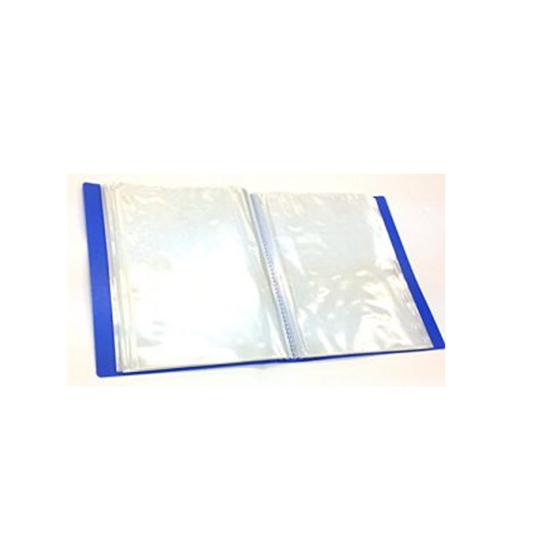 An open blue display book folder showcasing bound clear plastic inner leaves on a white background.