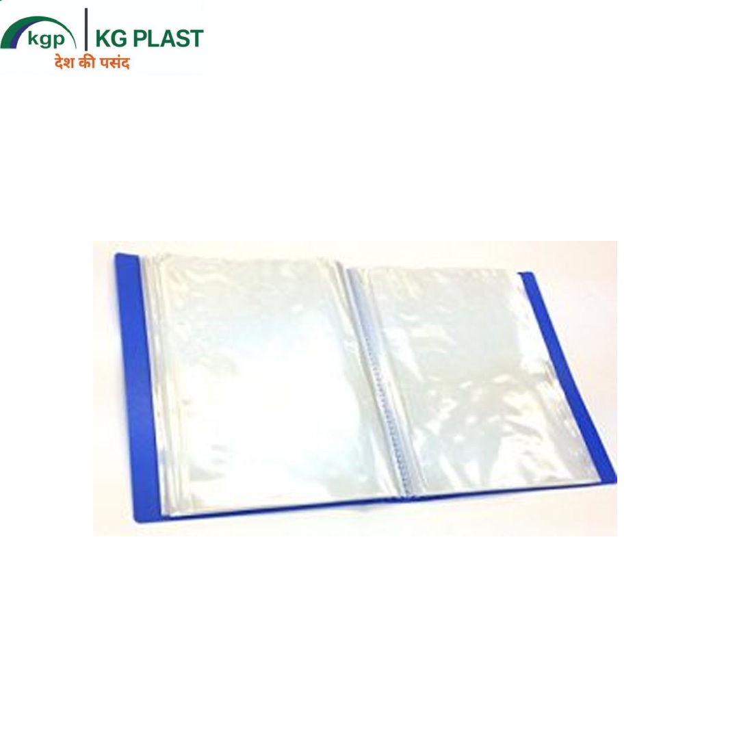 An open blue display book with clear plastic sleeves inside.