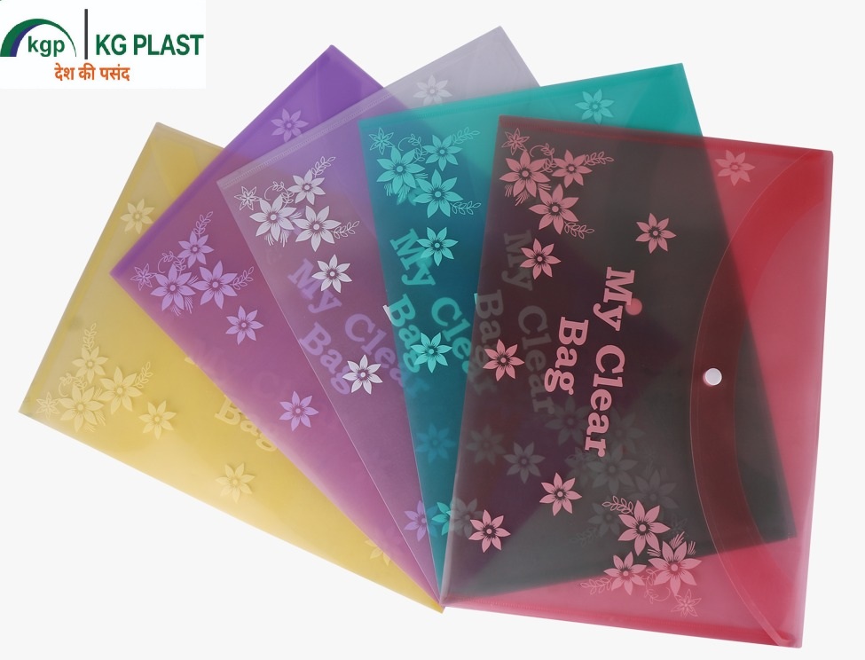 Assorted colorful translucent plastic "My Clear Bag" document folders with floral prints, featuring the KG PLAST logo in the top-left corner.