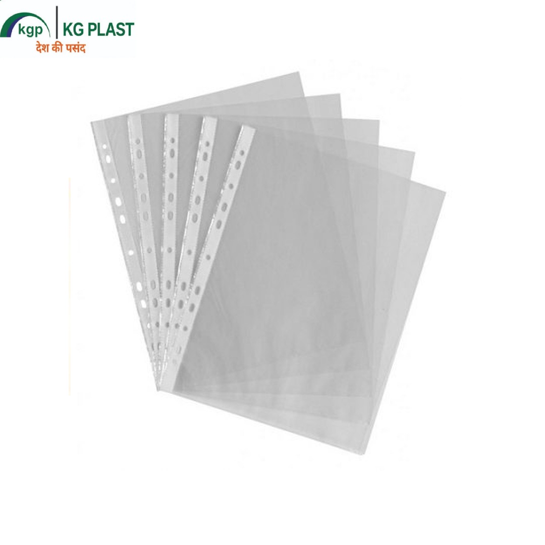 A fan of clear plastic sheet protectors with punched holes along the side.
