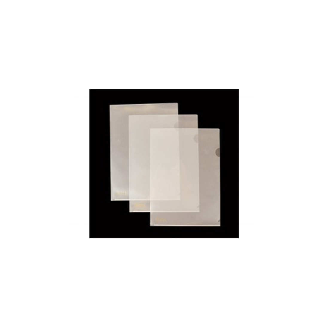 Three translucent clear plastic L-type project folders displayed in an overlapping arrangement against a solid black background.