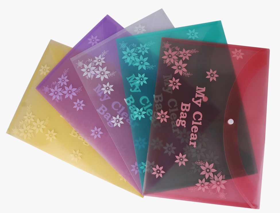 A fan array of colorful translucent plastic button document envelopes featuring floral print designs and snap-button closures on a plain background.
