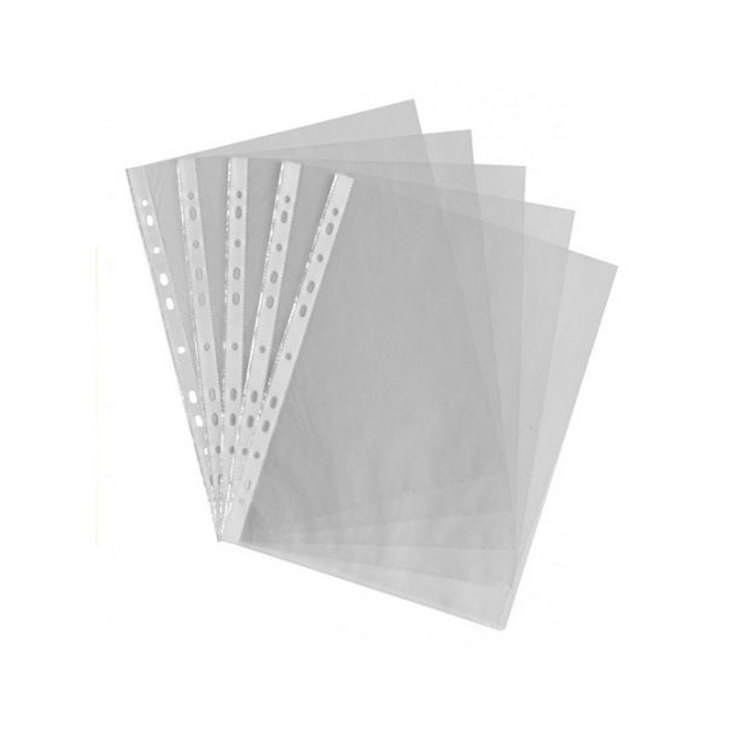 A fan-out set of transparent plastic sheet protectors with multi-hole punched margins for ring binders, presented on a white background.