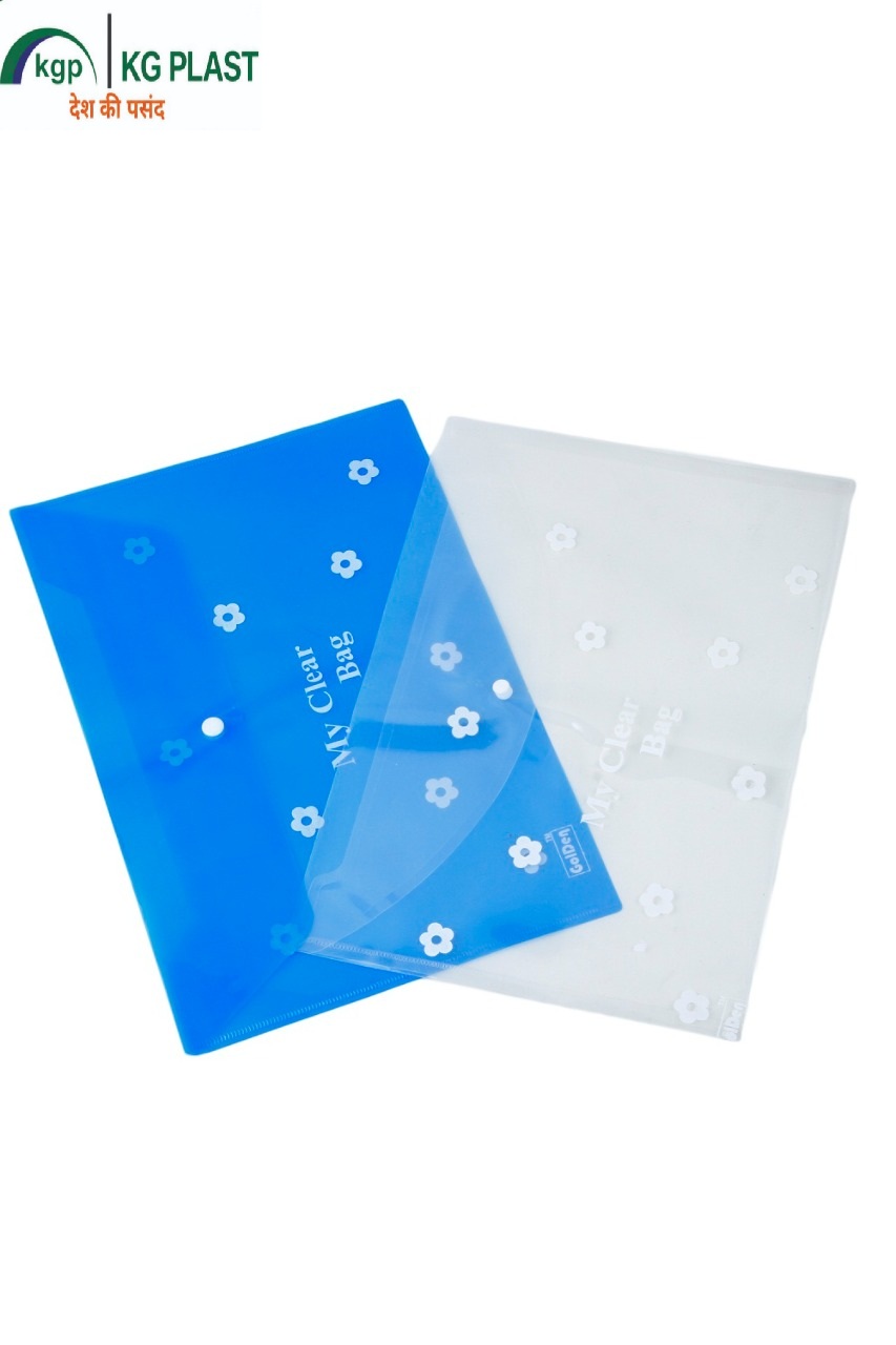 Blue and clear translucent "My Clear Bag" snap-button document folders printed with floral patterns, featuring the KG PLAST logo in the top-left corner.