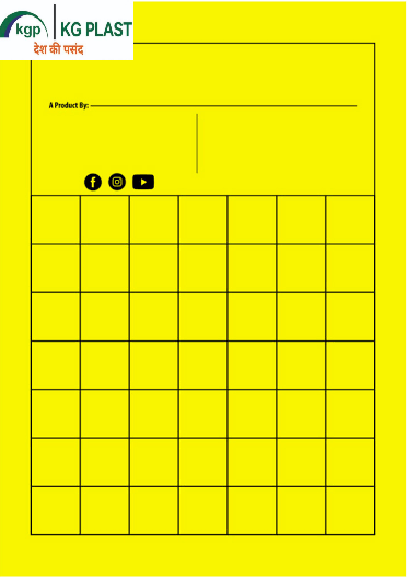 Yellow PP insect sticky trap sheet with a black grid pattern, branding fields, social media icons, and the KG PLAST logo in the top-left corner.