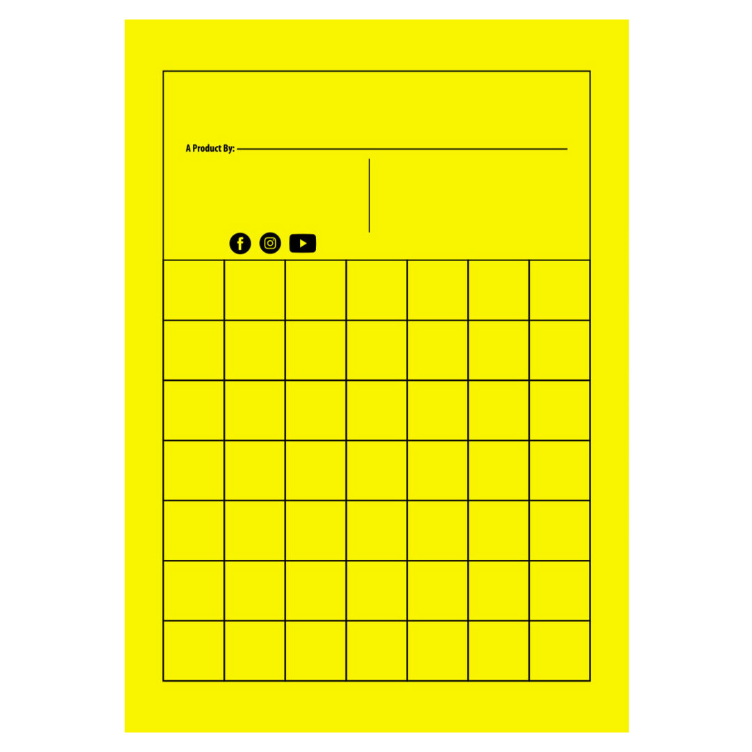 Bright yellow polypropylene (PP) sticky trap sheet featuring printed black grid lines, branding sections, and social media icons.