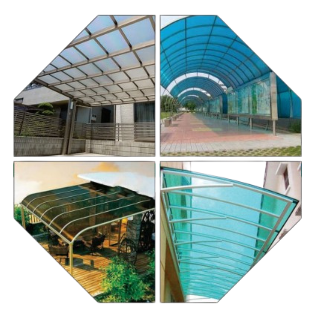 A four-panel grid showcasing outdoor applications of polycarbonate sheets, including clear, blue, and green roofing and canopy structures.