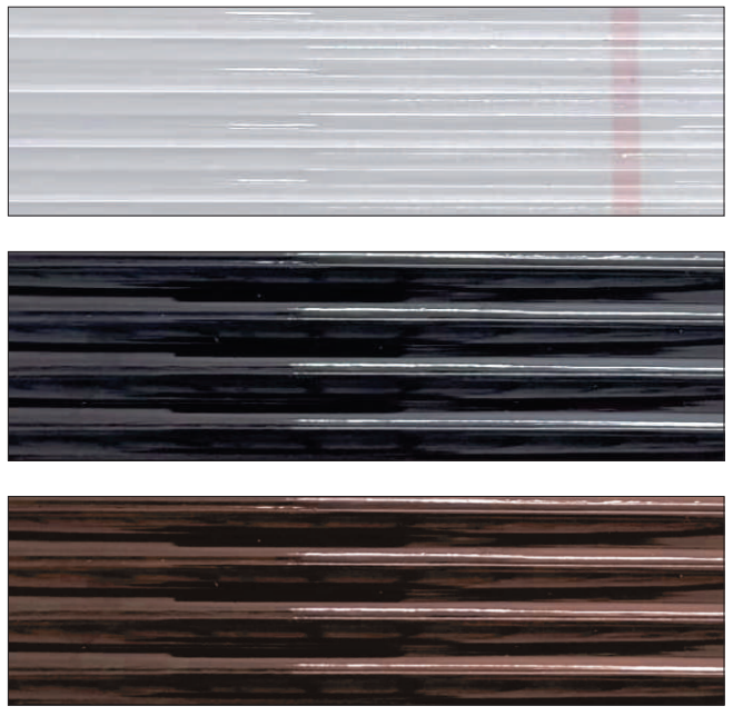 Three close-up texture swatches of fluted polystyrene panels showing reeded ribbed patterns in clear, black, and bronze finishes.