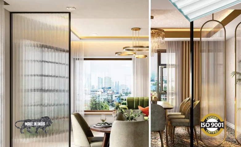 Modern interior living space featuring elegant styro-hybrid fluted translucent glass partitions with brass and black metal framing