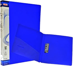 Blue plastic clip file folder shown both closed with its spine spine visible and open revealing an internal spring clip mechanism and corner pocket.