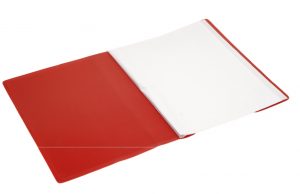 Open red presentation display book with transparent plastic sheet protector sleeves shown on a white background.
