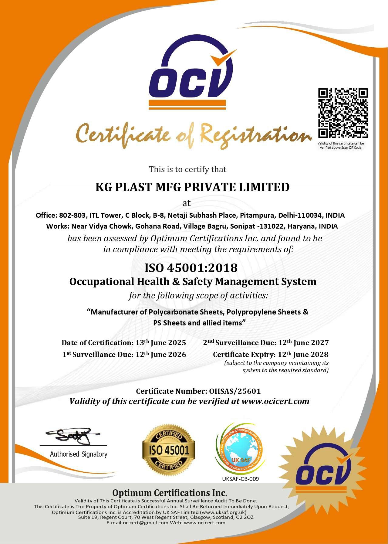 ISO 45001:2018 Occupational Health & Safety Management System Certificate of Registration issued by Optimum Certifications Inc. to KG Plast Mfg Private Limited