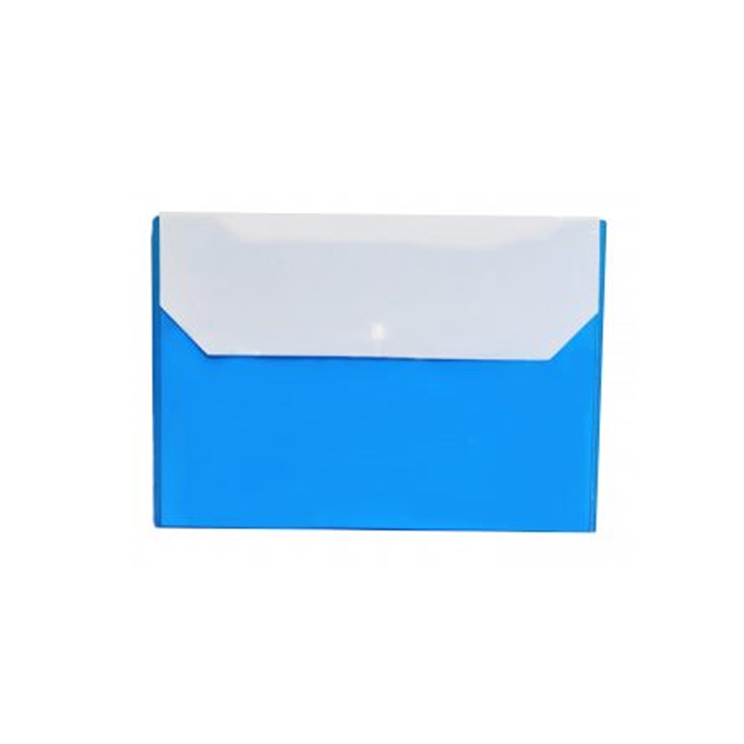 Blue polypropylene document envelope folder with a white snap-button flap closure set against a plain background.