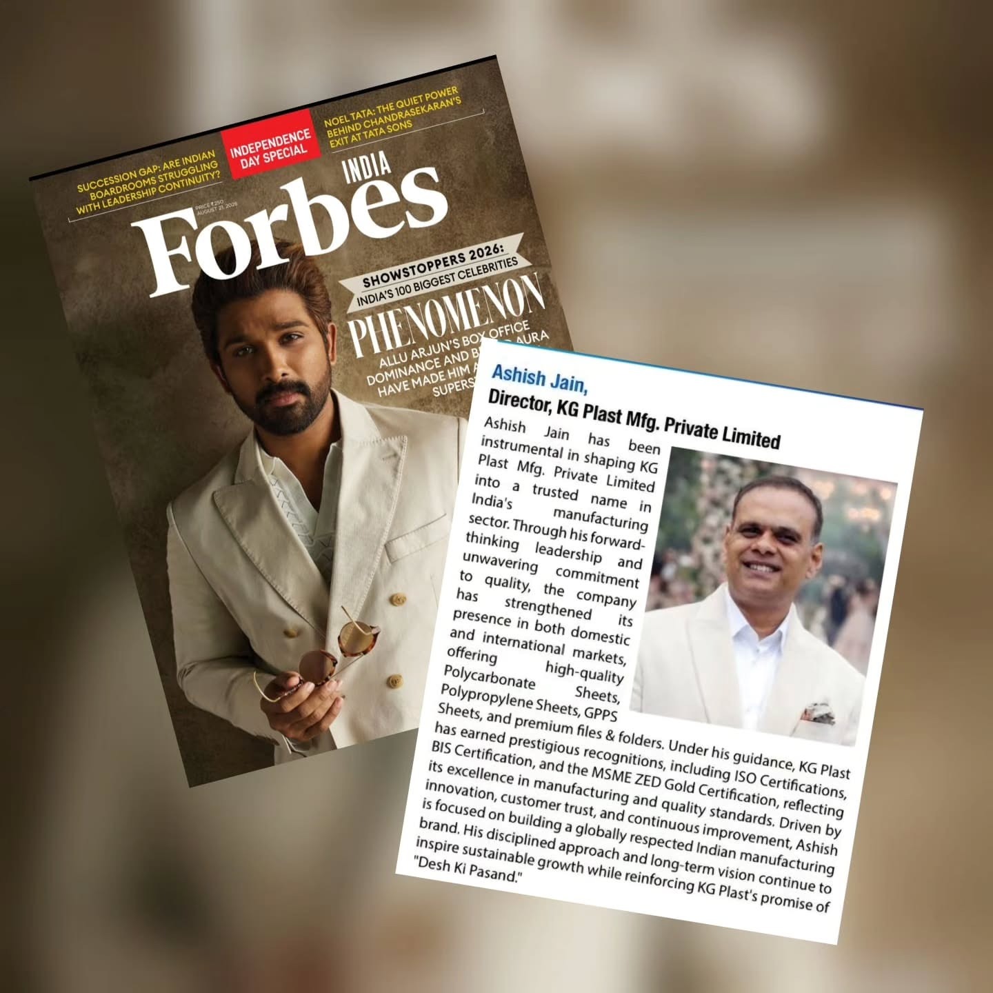 Forbes India magazine cover featuring Allu Arjun, overlaid with a profile snippet of Ashish Jain, Director of KG Plast Mfg. Private Limited.