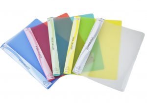A fan array of colorful translucent plastic report file covers with sliding spine bars on a white background.