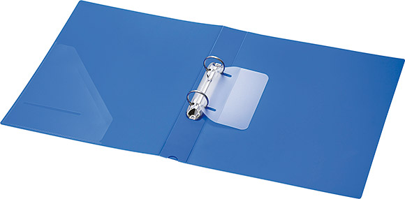 Open blue polypropylene ring binder folder with a two-ring metal mechanism, paper compressor bar, and interior pocket set against a white background.