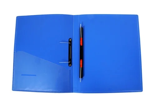 Open blue polypropylene spring file folder displaying internal flexible twin-wire spring clips and an interior corner pocket against a white background.