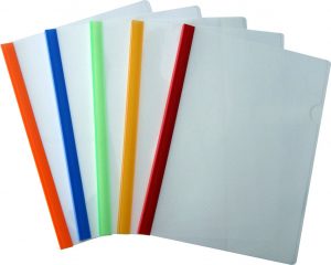 A fan array of clear plastic strip files featuring colorful sliding spine clips in orange, blue, green, yellow, and red set against a white background.